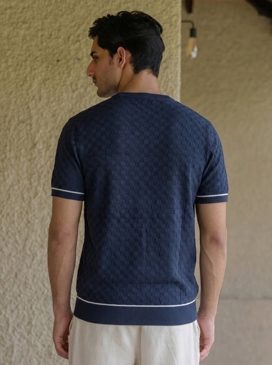 Navy Textured Cotton Crew Neck T-shirt