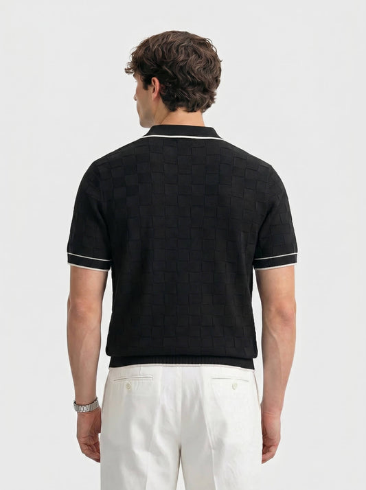 Black Checkerboard Knit Button-Down Shirt