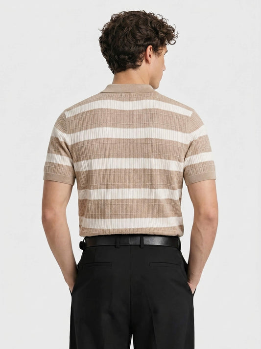 Beige Ribbed Striped Knit Shirt