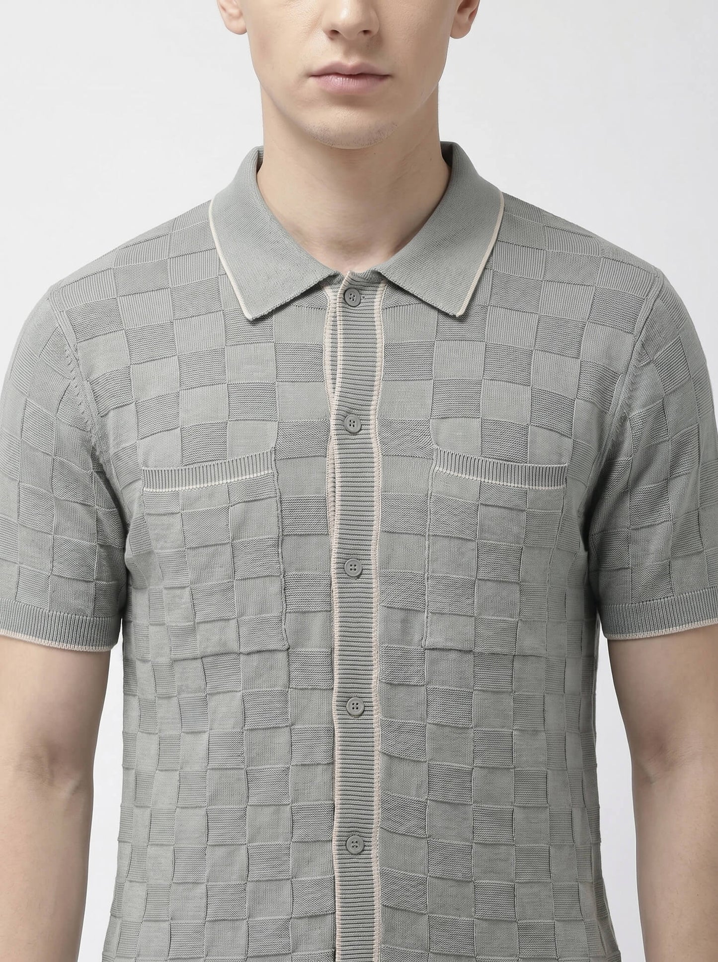 Grey Checkerboard Knit Button-Down Shirt