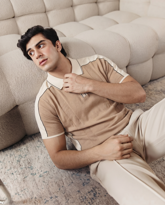 Beige White Colorblock Quarter Polo