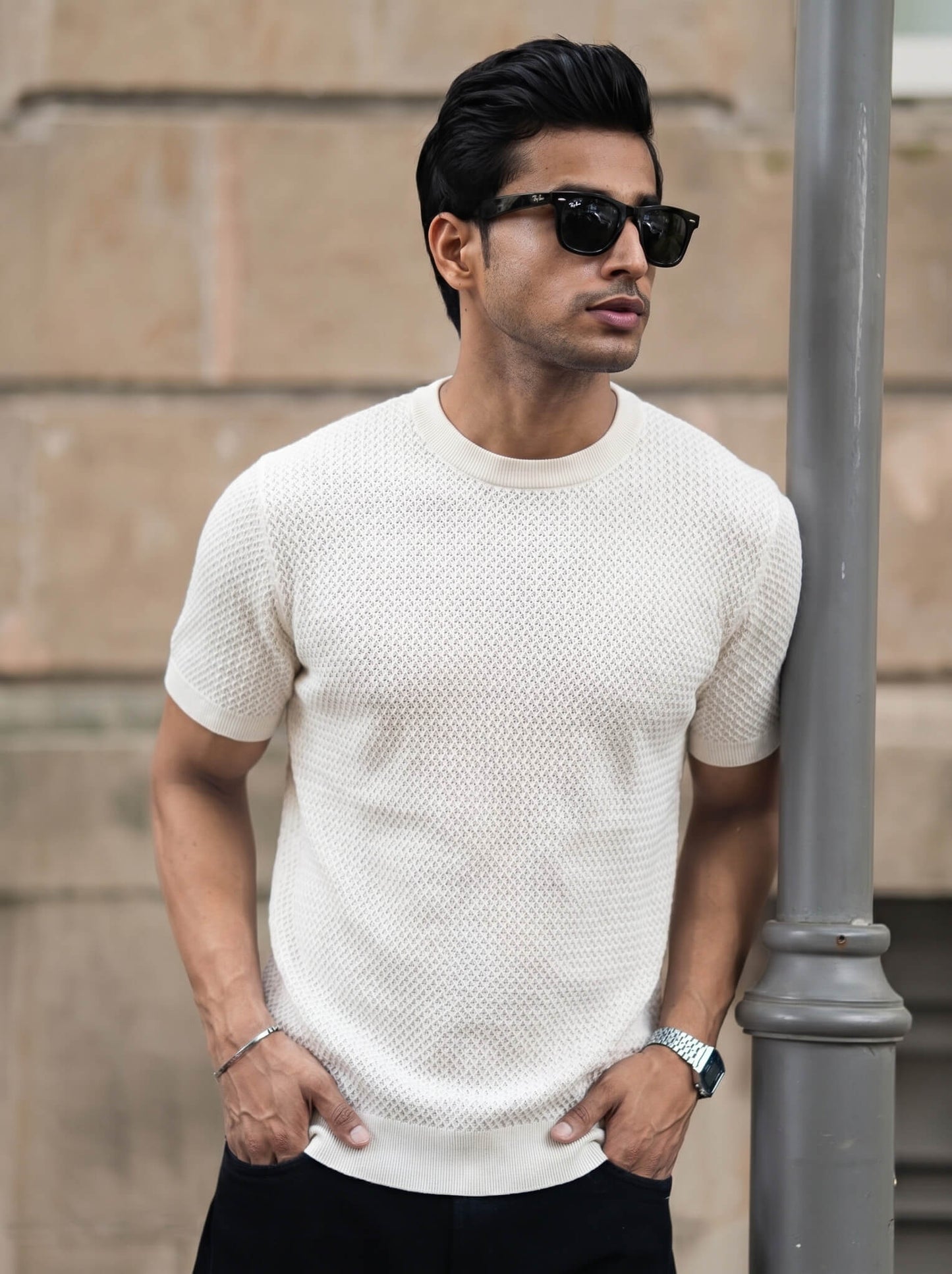 White Textured Crew Neck T-shirt