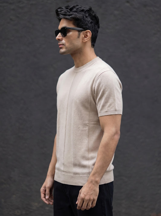 Light Beige Minimalist Contrast-Stitch Crew Neck T-shirt