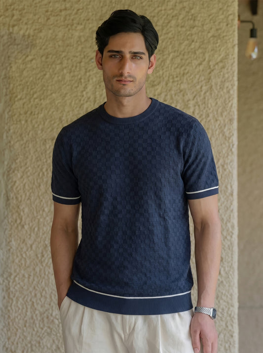 Navy Textured Cotton Crew Neck T-shirt