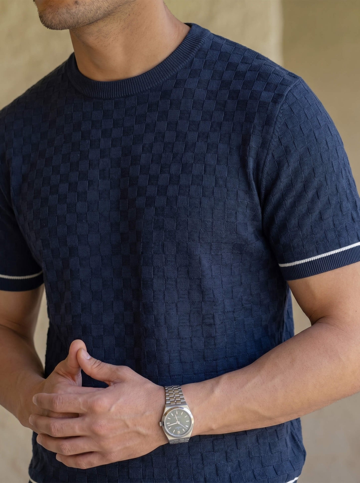 Navy Textured Cotton Crew Neck T-shirt