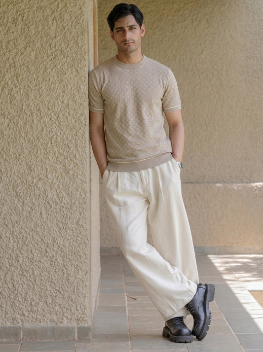 Grey Textured Cotton Crew Neck T-shirt