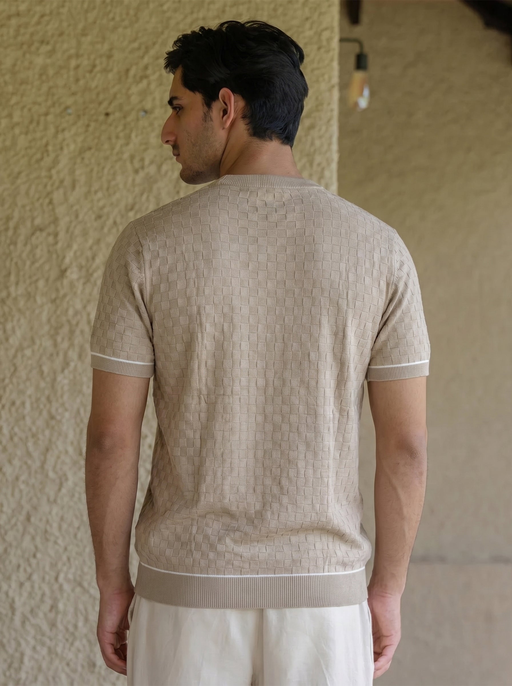 Grey Textured Cotton Crew Neck T-shirt