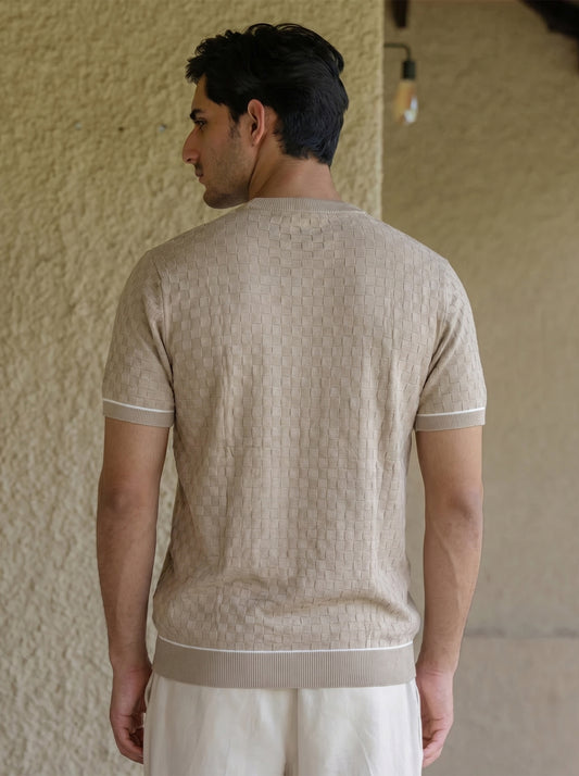 Grey Textured Cotton Crew Neck T-shirt