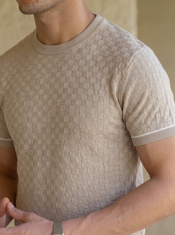 Grey Textured Cotton Crew Neck T-shirt