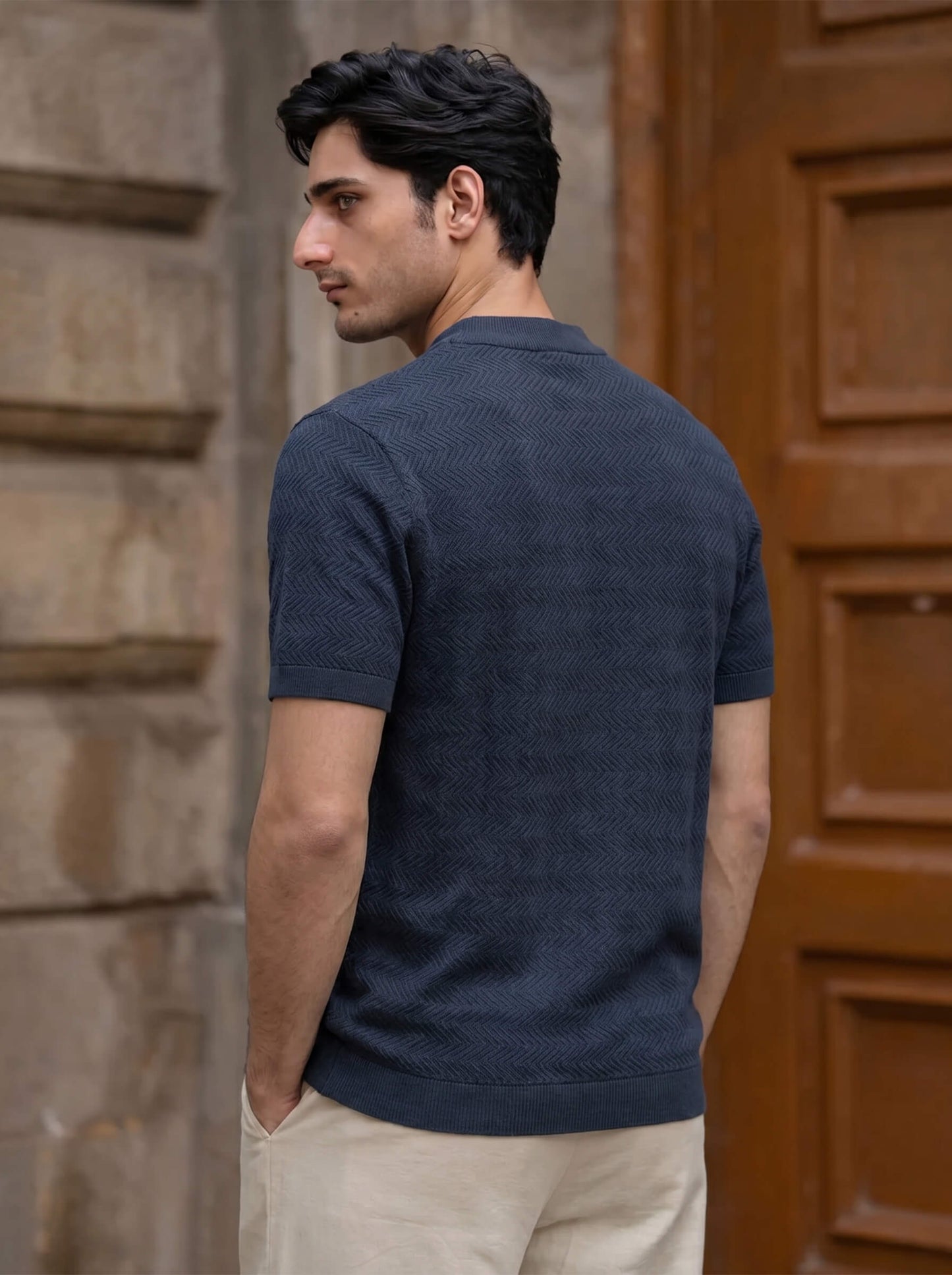 Navy Chevron Textured Crew Neck T-shirt