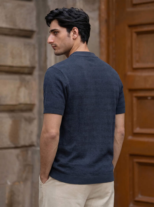 Navy Chevron Textured Crew Neck T-shirt