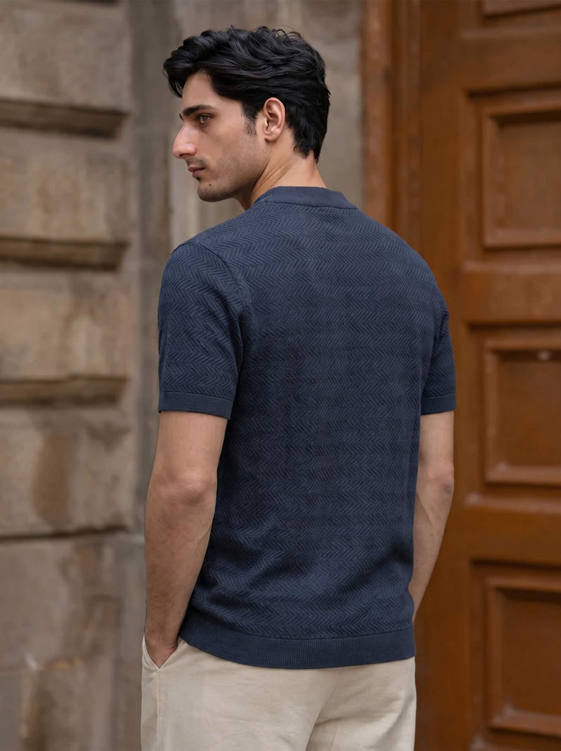 Navy Chevron Textured Crew Neck T-shirt
