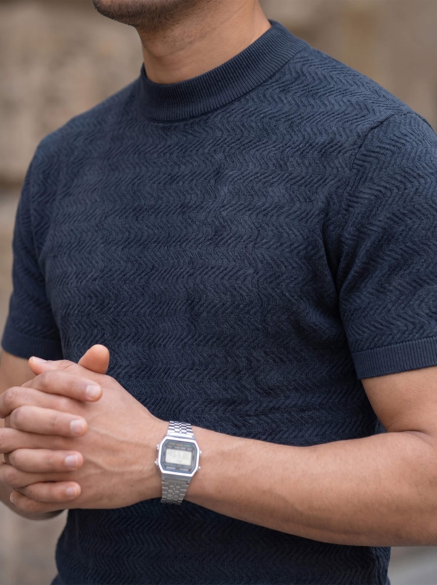Navy Chevron Textured Crew Neck T-shirt