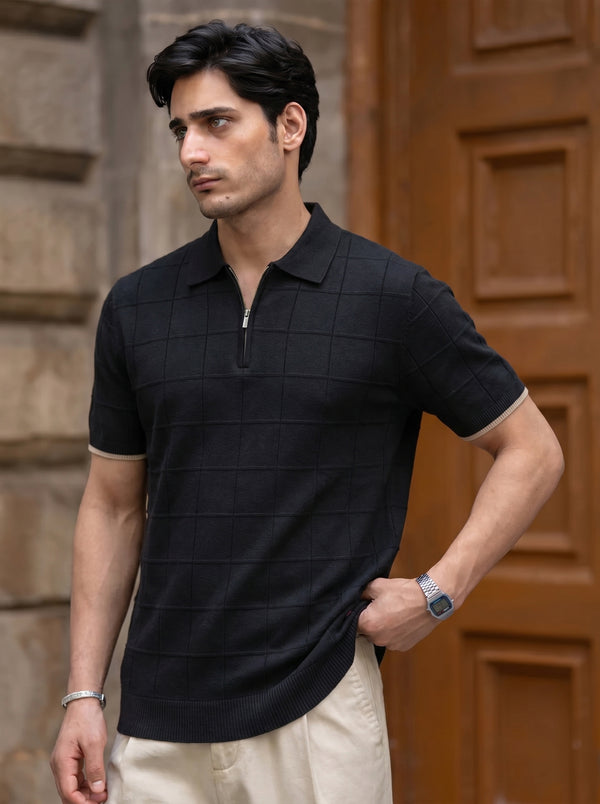 Black Textured Grid Quarter-Zip Polo