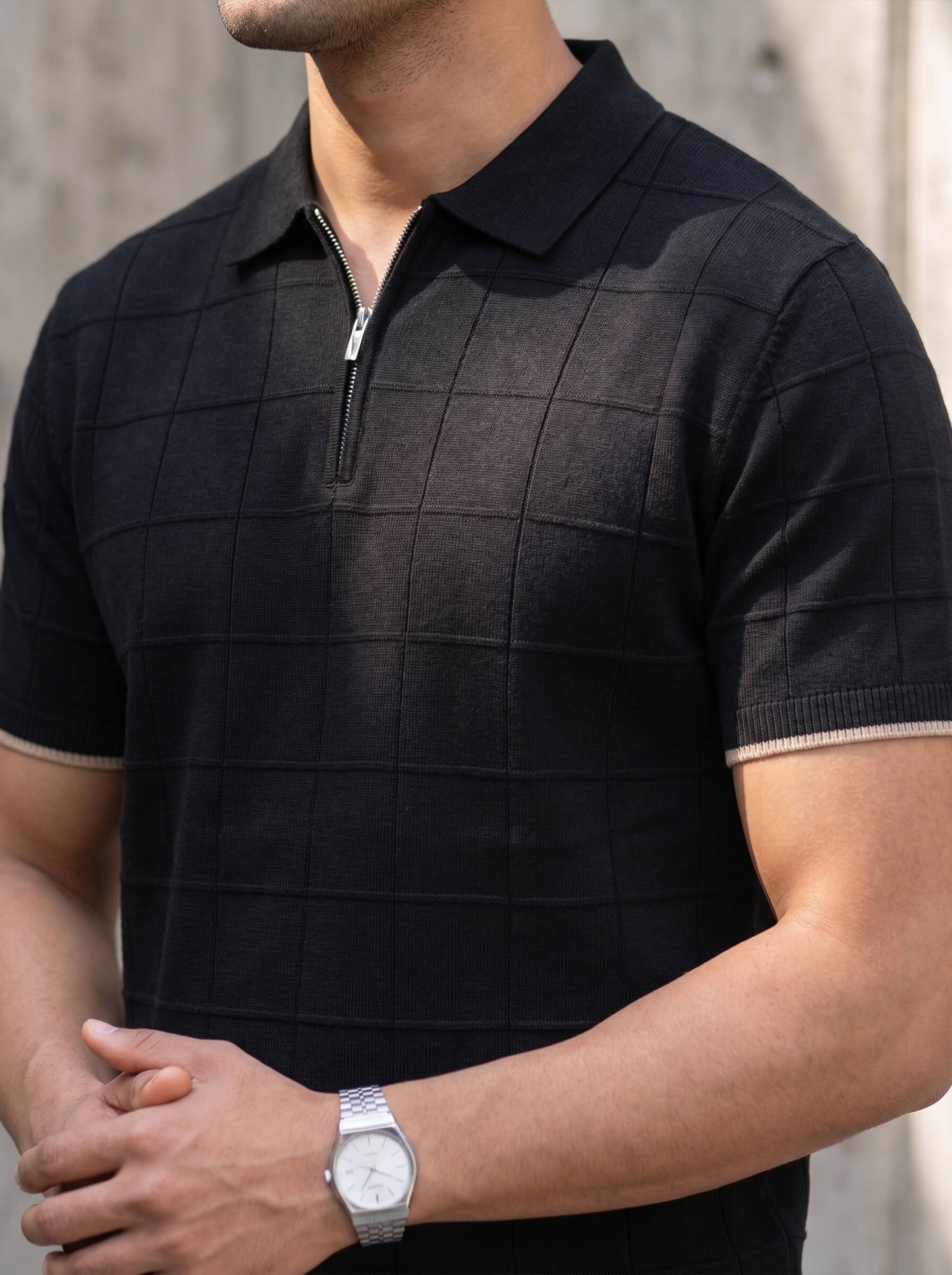 Black Textured Grid Quarter-Zip Polo