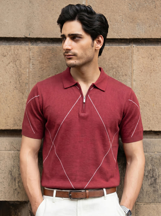 Red Geometric Quarter-Zip Polo