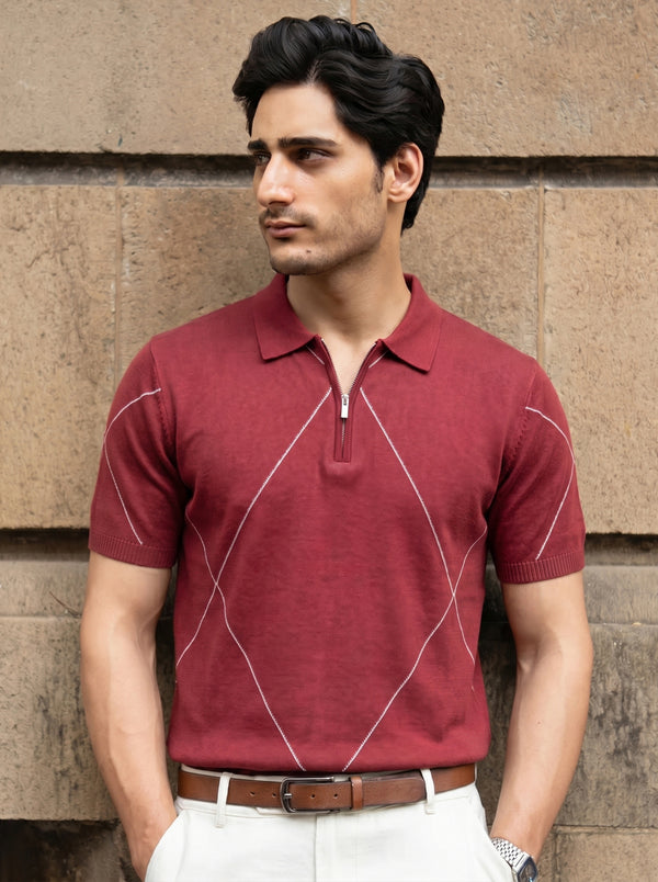 Red Geometric Quarter-Zip Polo