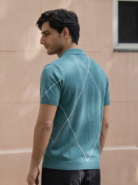 Teal Geometric Quarter-Zip Polo