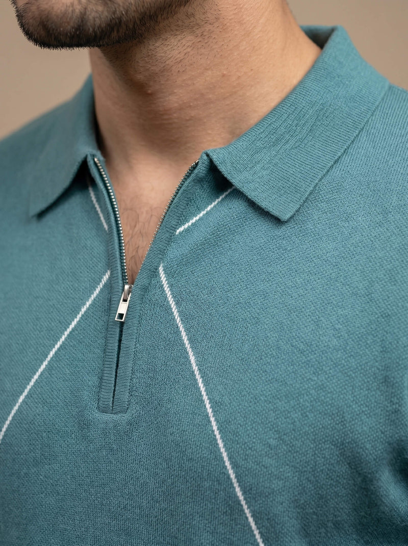 Teal Geometric Quarter-Zip Polo