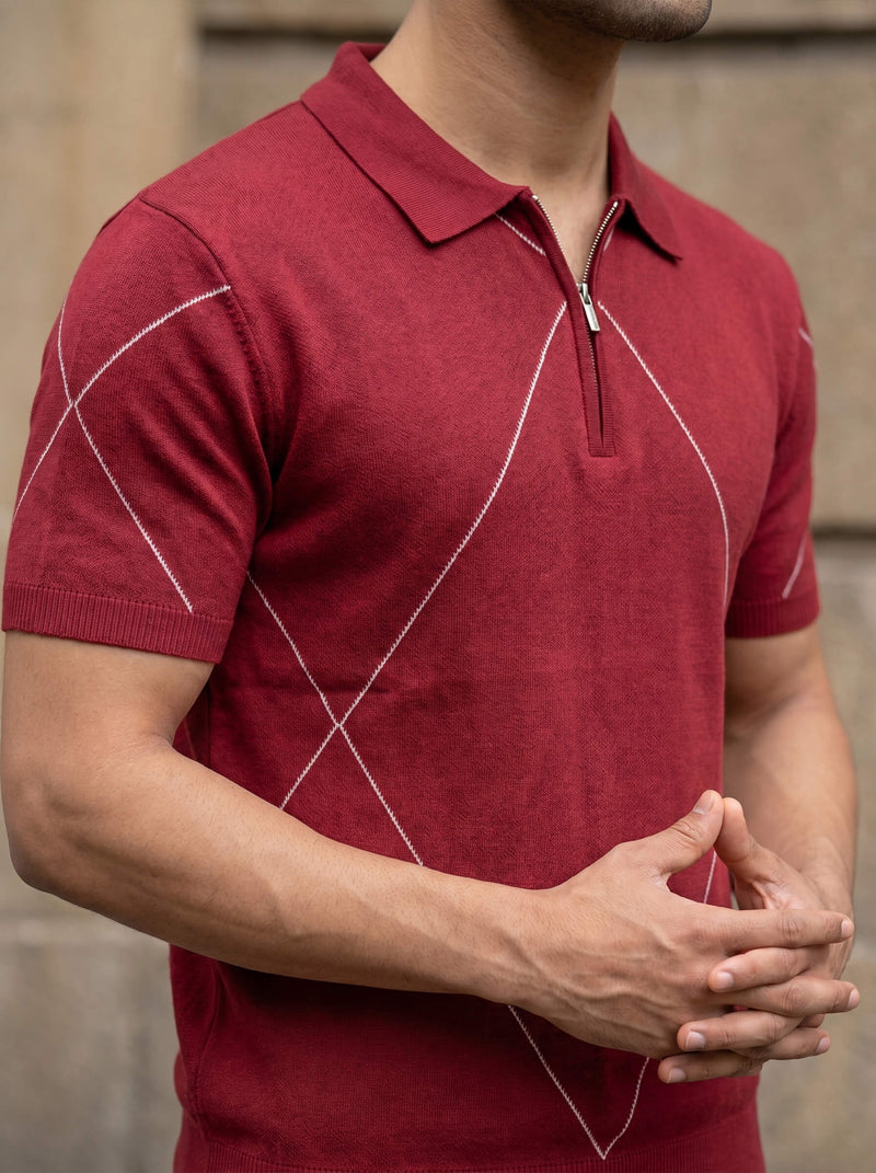 Red Geometric Quarter-Zip Polo