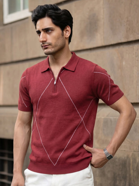 Red Geometric Quarter-Zip Polo