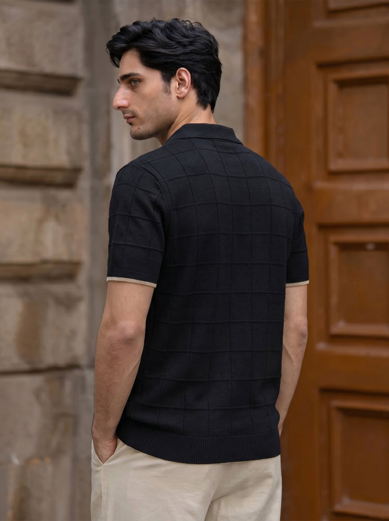 Black Textured Grid Quarter-Zip Polo