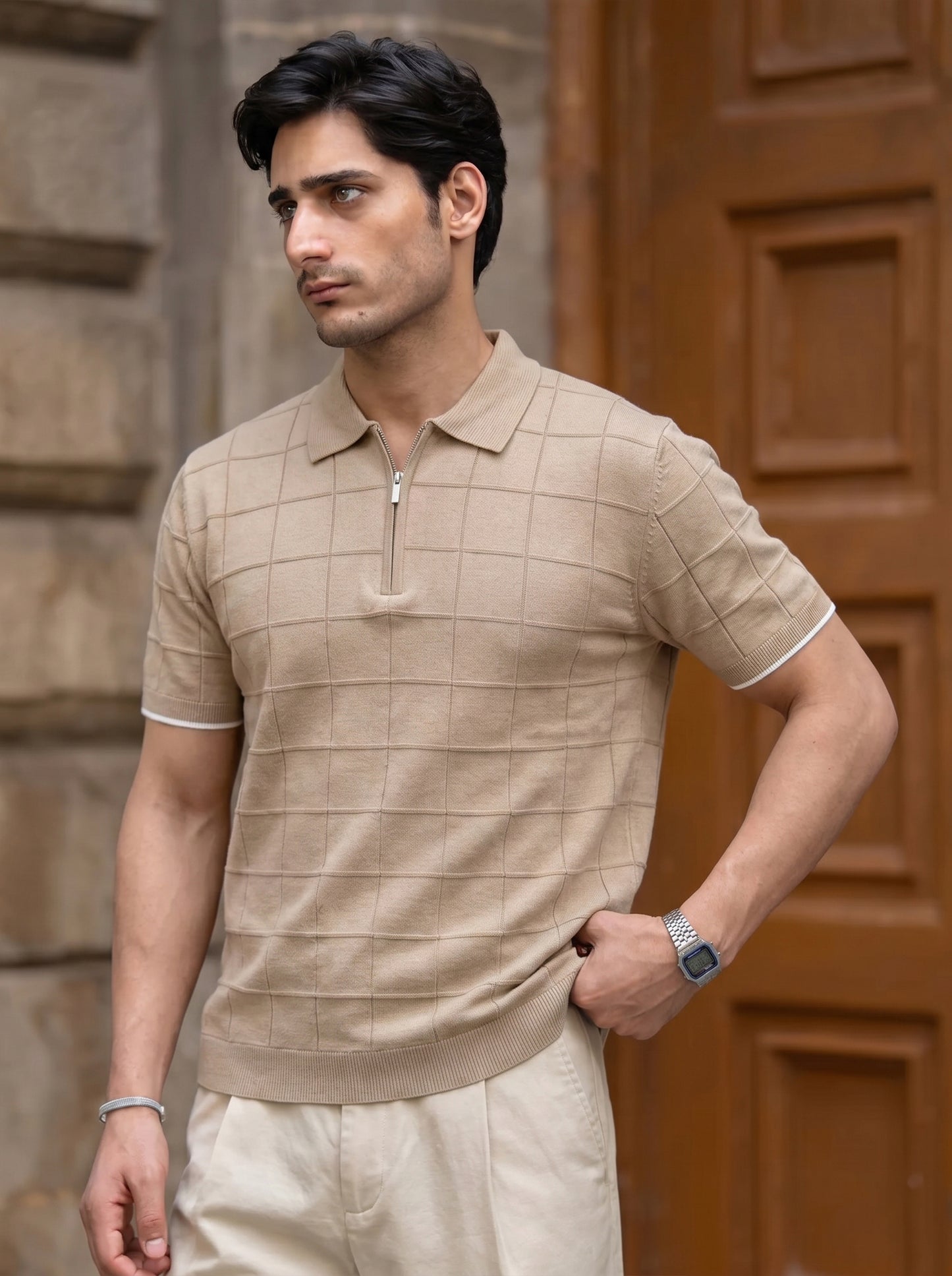 Beige Textured Grid Quarter-Zip Polo
