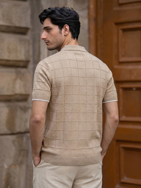 Beige Textured Grid Quarter-Zip Polo