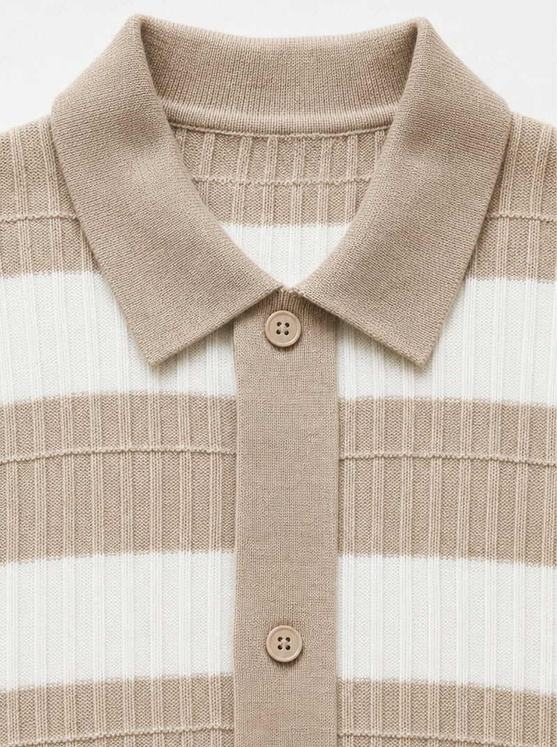 Beige Ribbed Striped Knit Shirt