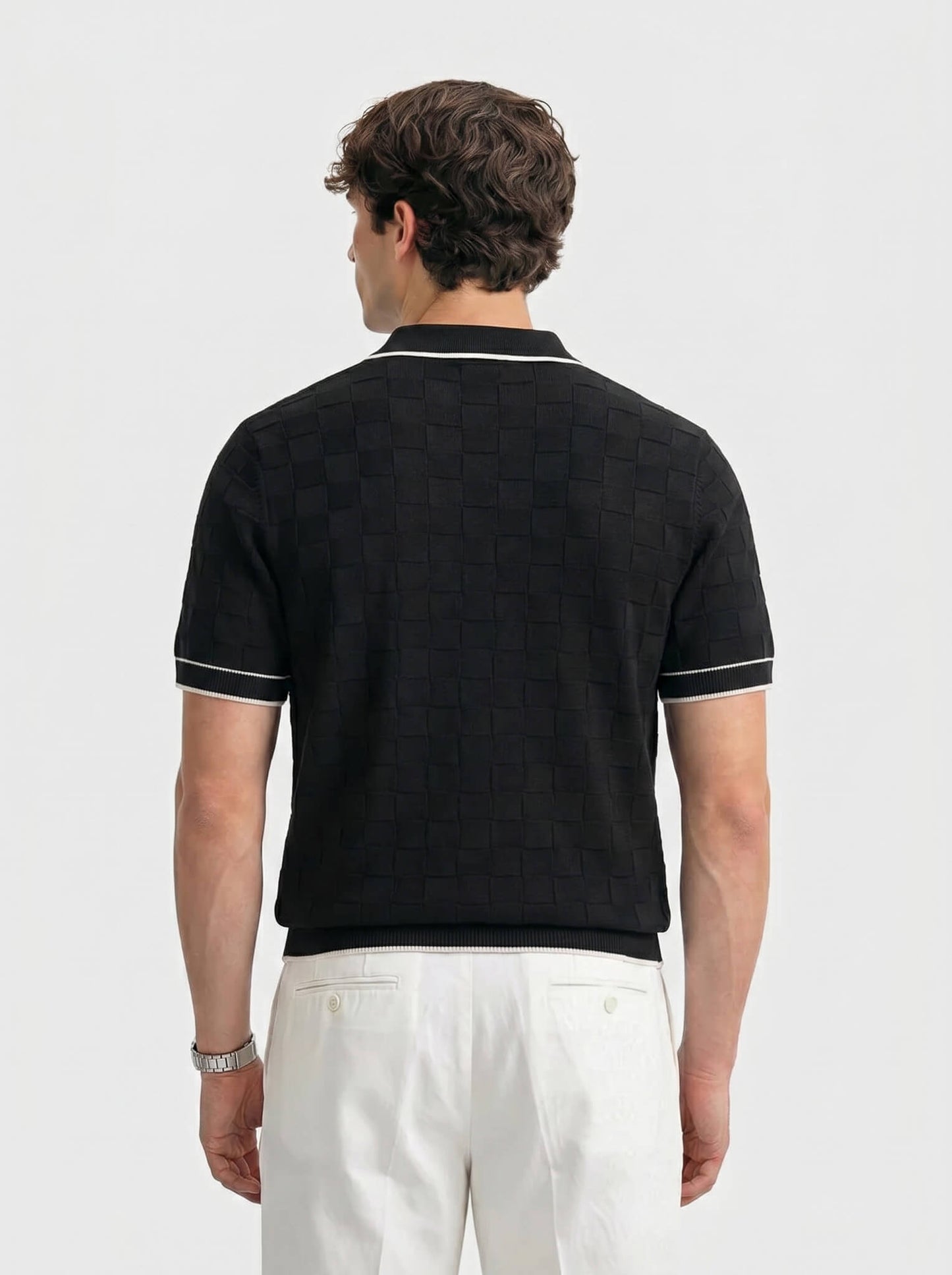 Black Checkerboard Knit Button-Down Shirt