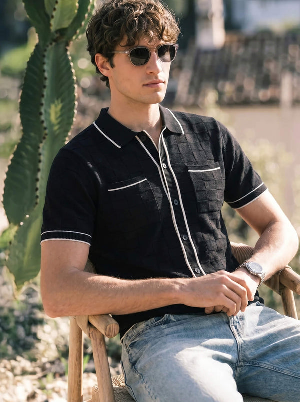 Black Checkerboard Knit Button-Down Shirt