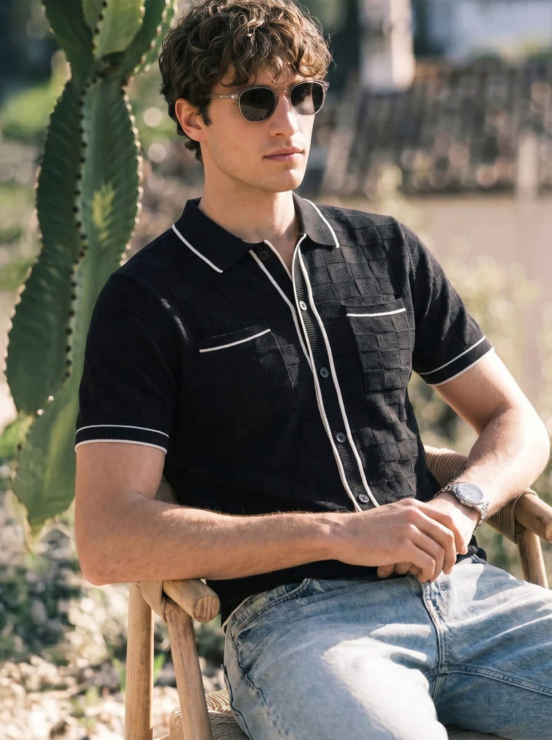 Black Checkerboard Knit Button-Down Shirt