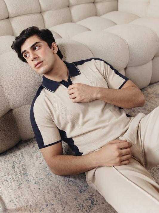 Navy White Colorblock Quarter Polo