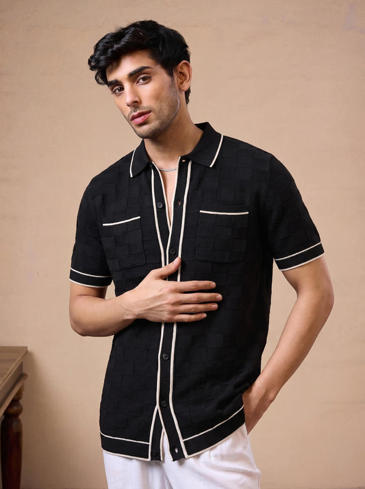 Black Checkerboard Knit Button-Down Shirt