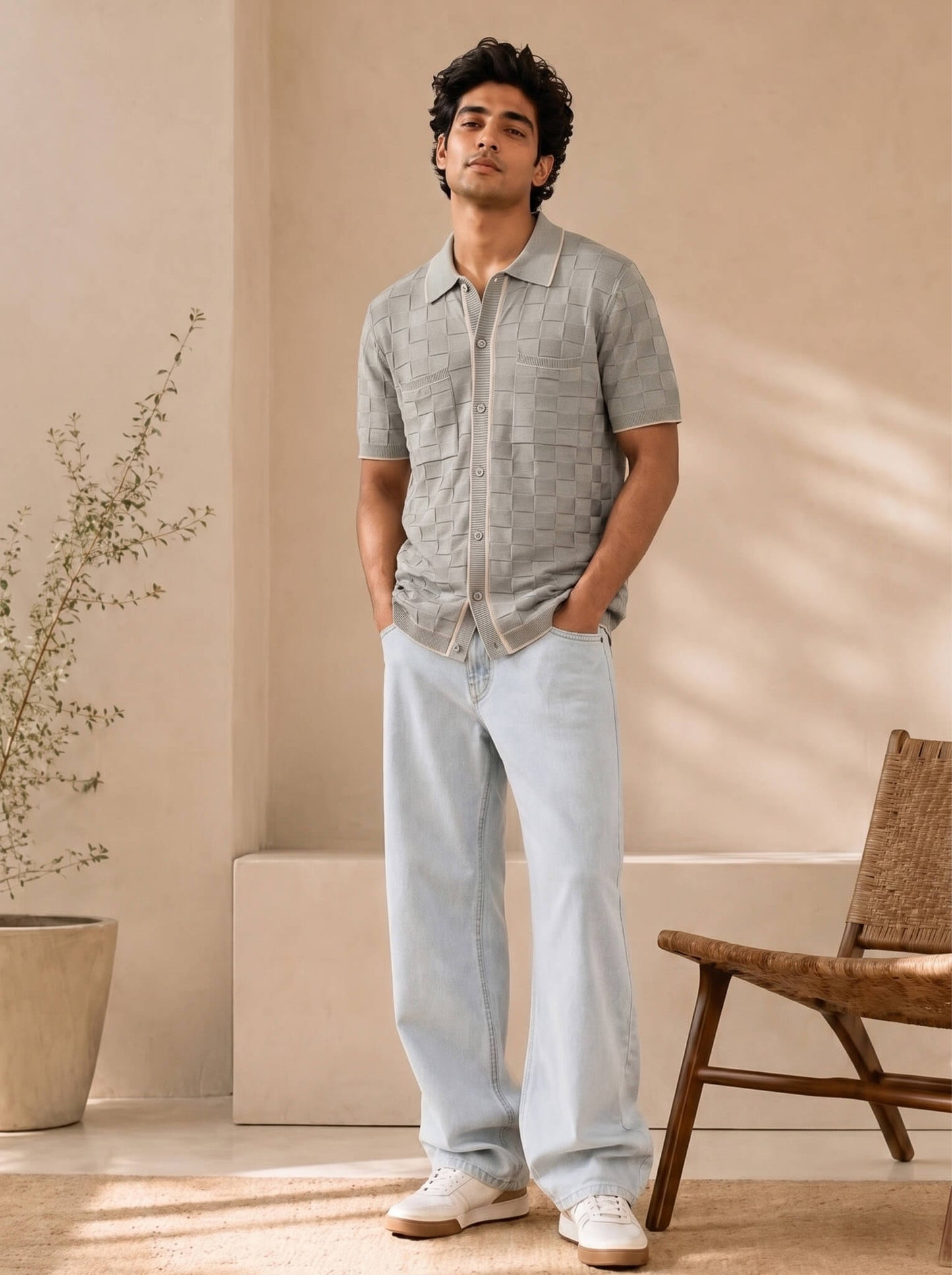 Grey Checkerboard Knit Button-Down Shirt