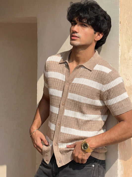 Beige Ribbed Striped Knit Shirt
