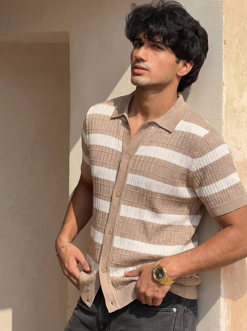 Beige Ribbed Striped Knit Shirt