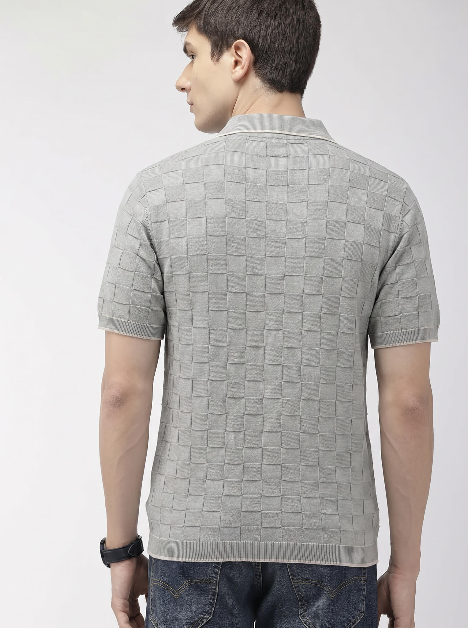 Grey Checkerboard Knit Button-Down Shirt