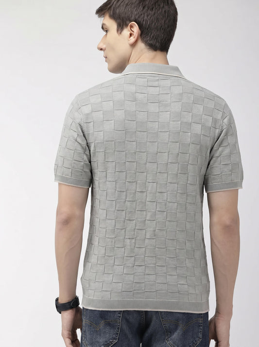 Grey Checkerboard Knit Button-Down Shirt