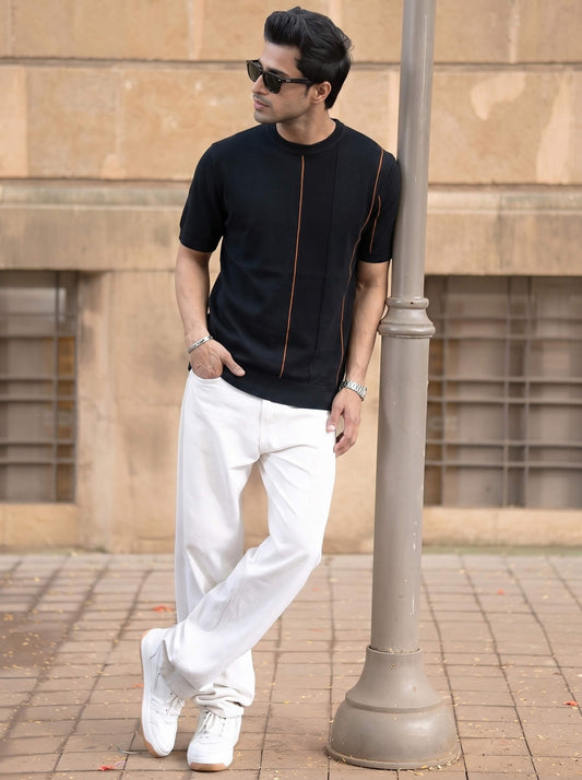 Black Minimalist Contrast-Stitch Crew Neck T-shirt