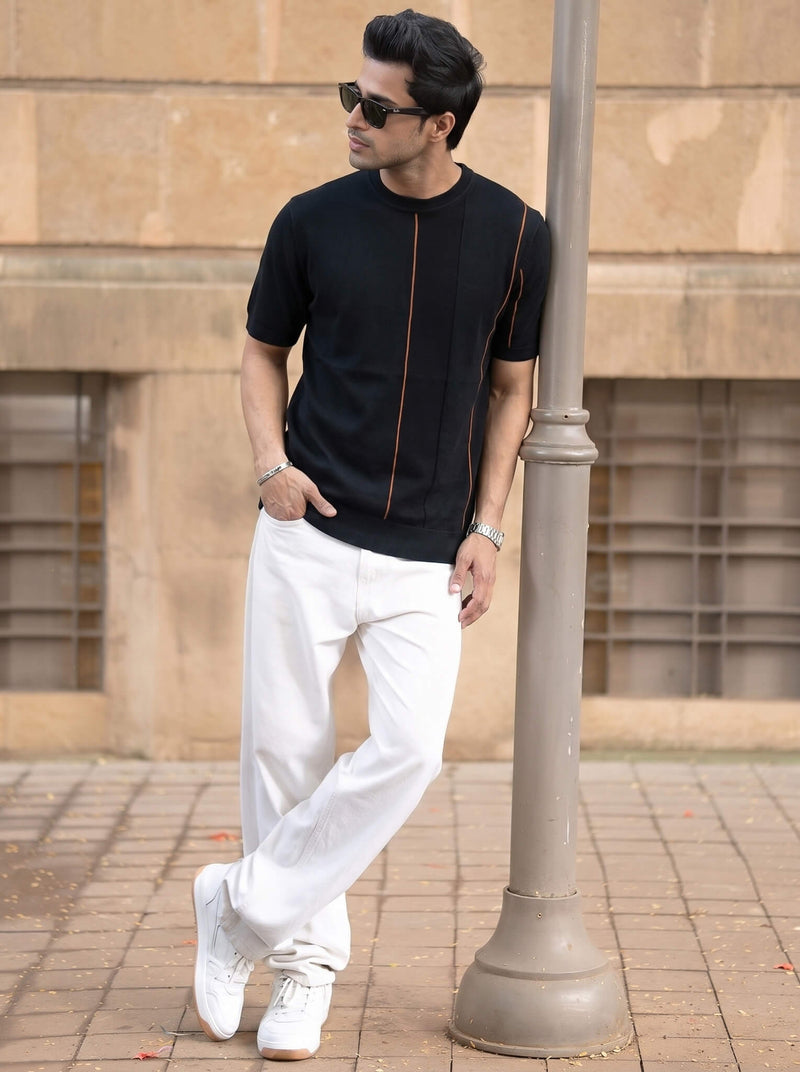 Black Minimalist Contrast-Stitch Crew Neck T-shirt
