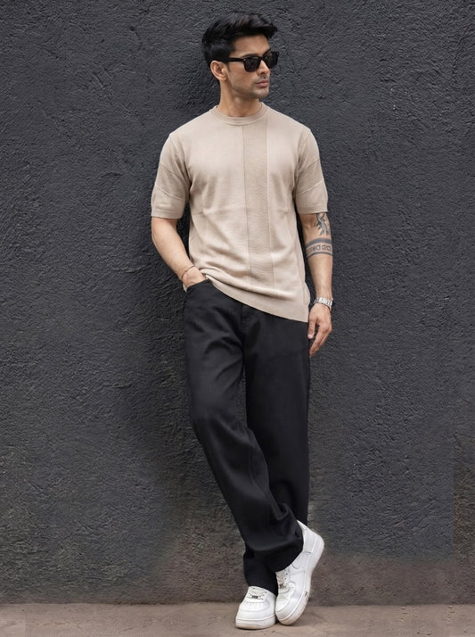 Light Beige Minimalist Contrast-Stitch Crew Neck T-shirt