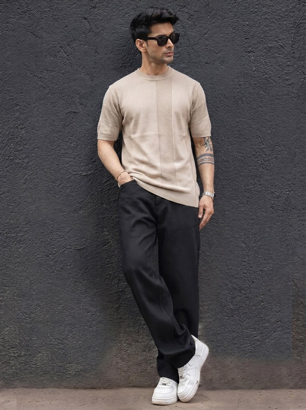 Light Beige Minimalist Contrast-Stitch Crew Neck T-shirt