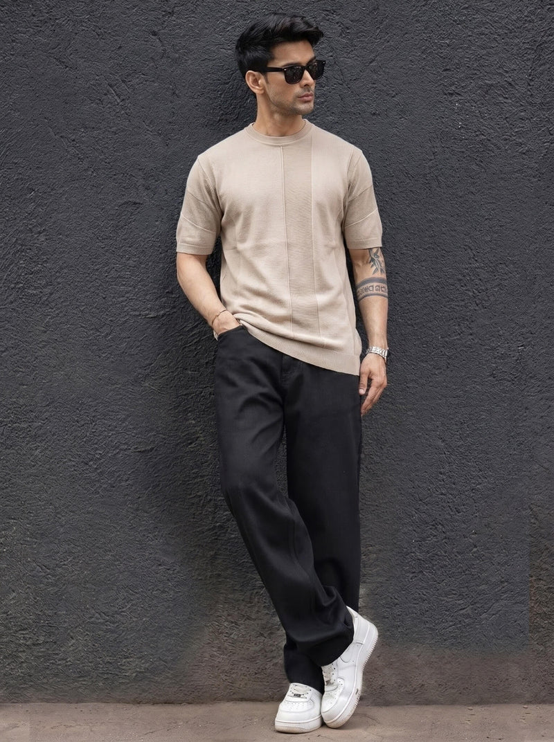Light Beige Minimalist Contrast-Stitch Crew Neck T-shirt