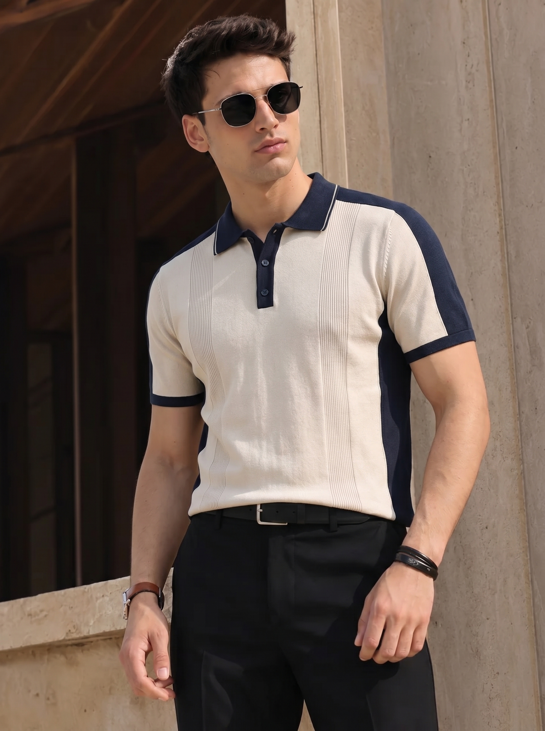 Navy White Colorblock Quarter Polo