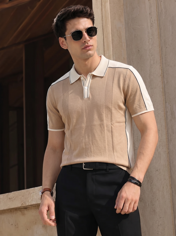 Beige White Colorblock Quarter Polo