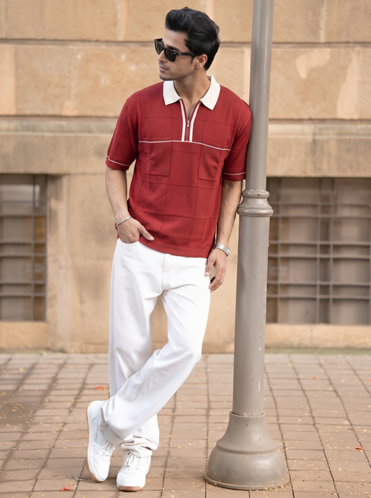 Red Colorblock Quarter-Zip Polo