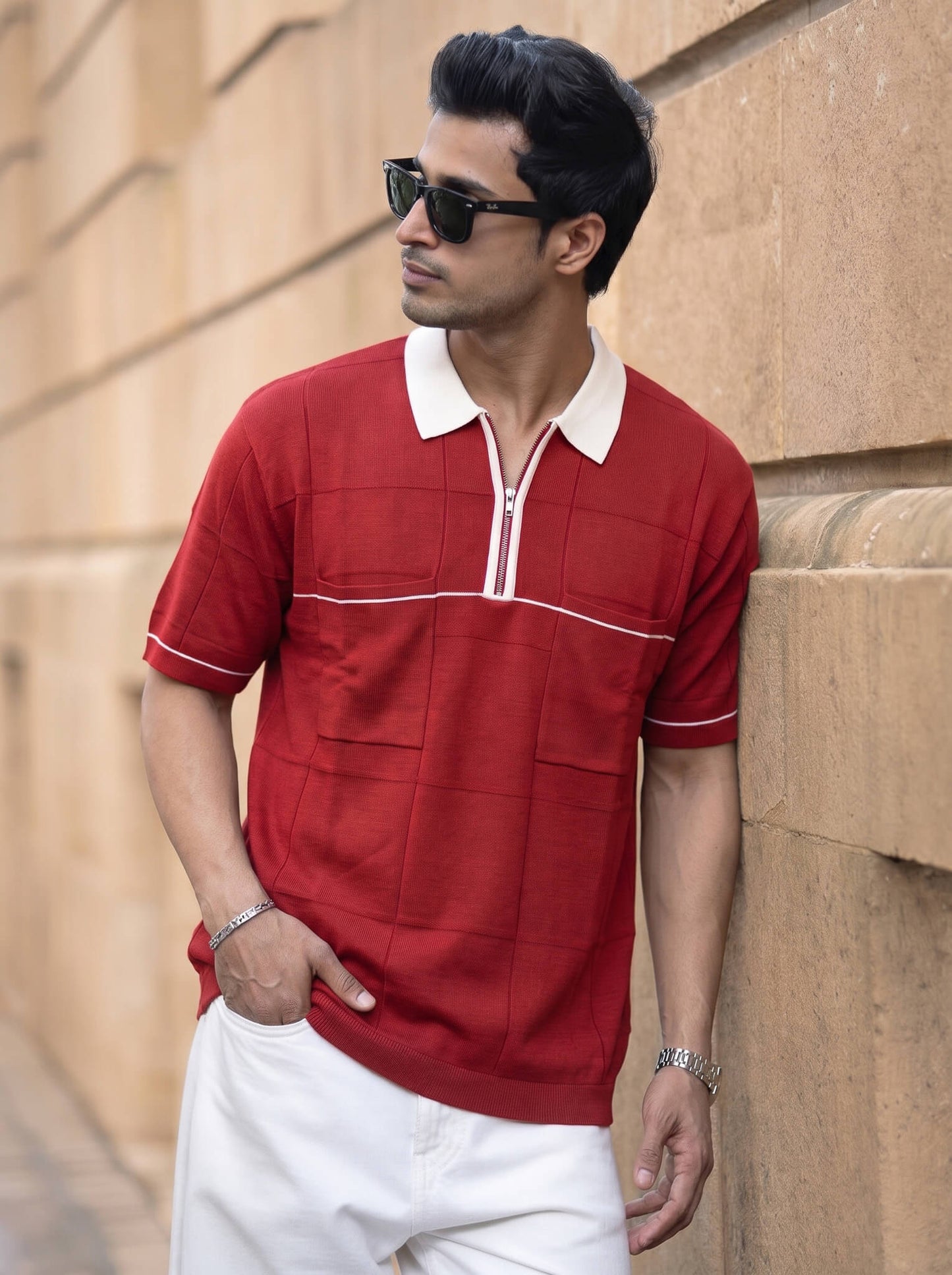 Red Colorblock Quarter-Zip Polo