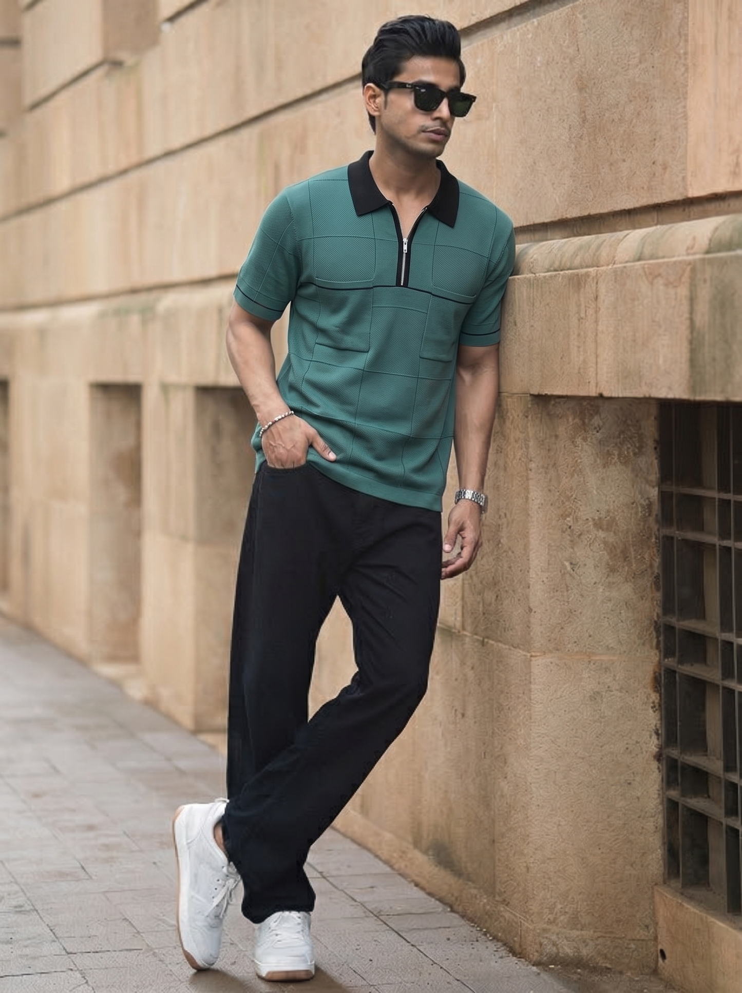Teal Colorblock Quarter-Zip Polo
