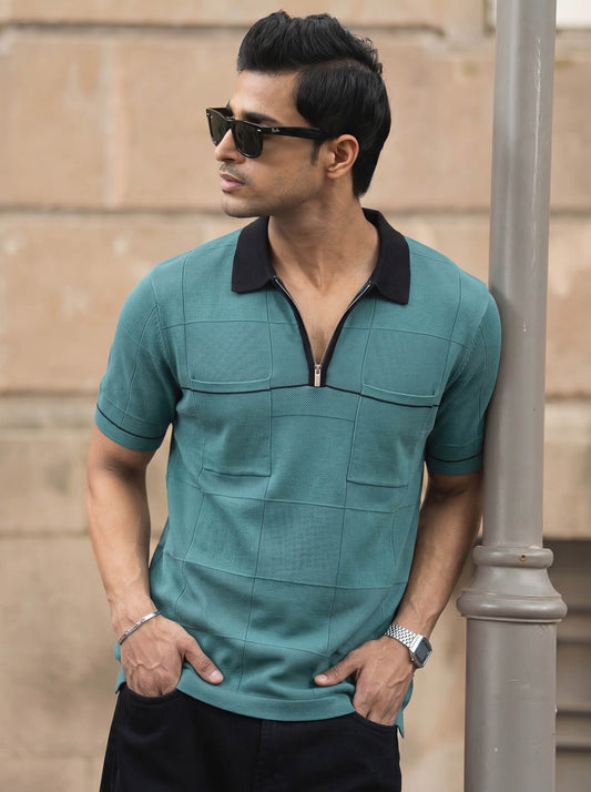 Teal Colorblock Quarter-Zip Polo